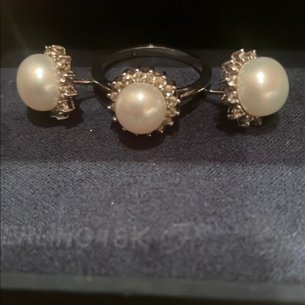 Silver and White Pearl Earrings with Faux Diamond Halo